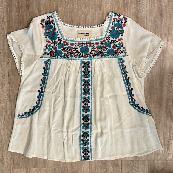 Savanna Jane Floral Embroidered Short Sleeve Rayon Top Size Large Cream Teal Red - Picture 3 of 8